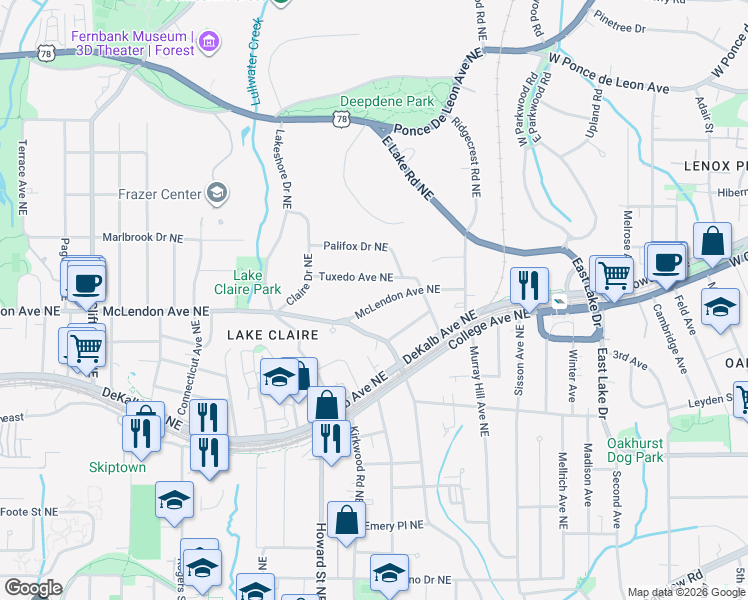 map of restaurants, bars, coffee shops, grocery stores, and more near 2032 McLendon Avenue Northeast in Atlanta