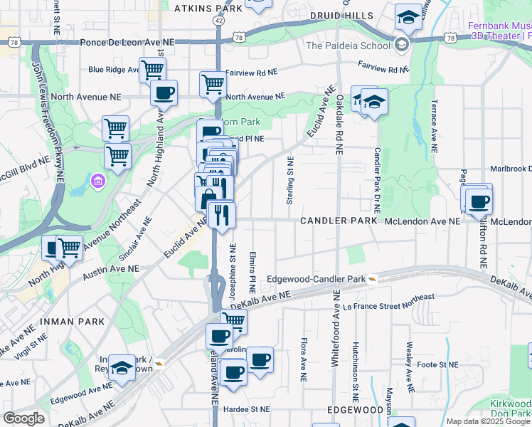 map of restaurants, bars, coffee shops, grocery stores, and more near 1266 McLendon Avenue Northeast in Atlanta