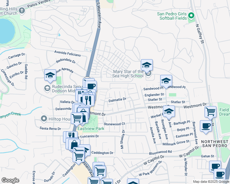 map of restaurants, bars, coffee shops, grocery stores, and more near 2258 Stonewood Court in Los Angeles
