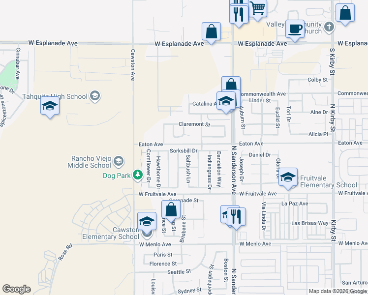 map of restaurants, bars, coffee shops, grocery stores, and more near 3690 Sorksbill Drive in Hemet
