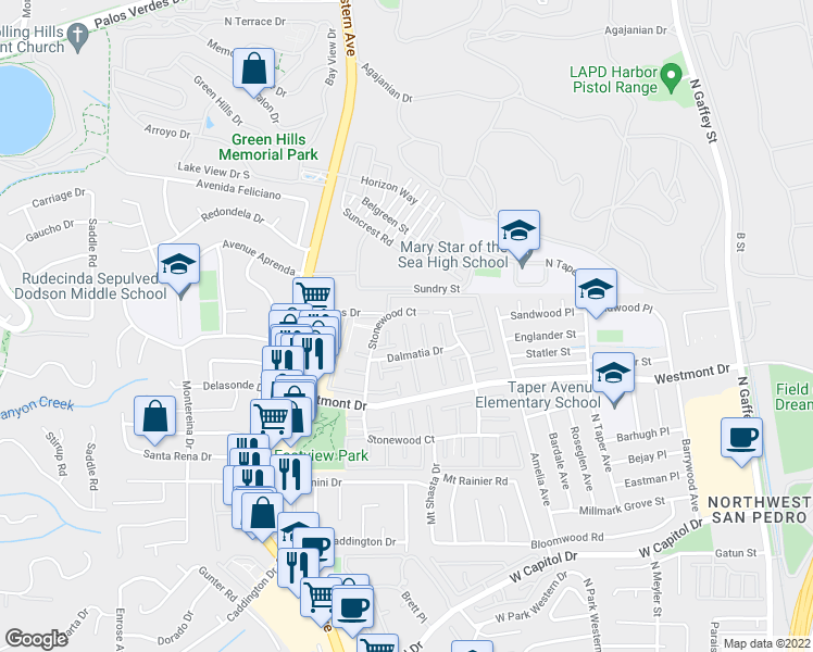 map of restaurants, bars, coffee shops, grocery stores, and more near 1615 Dalmatia Drive in Los Angeles
