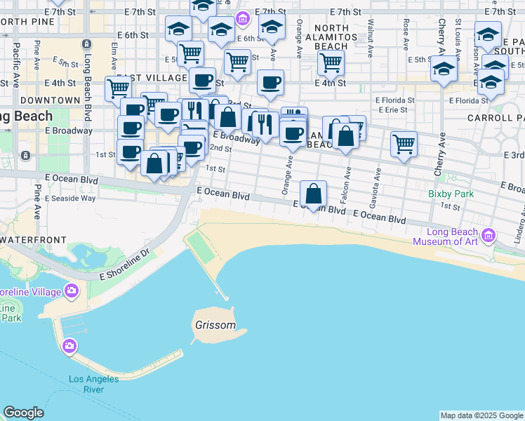 map of restaurants, bars, coffee shops, grocery stores, and more near 23 South 4th Place in Long Beach