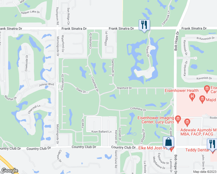 map of restaurants, bars, coffee shops, grocery stores, and more near 3 Tulane Court in Rancho Mirage