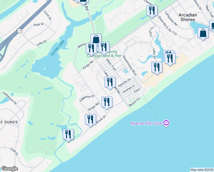 map of restaurants, bars, coffee shops, grocery stores, and more near 346 Arcadian Dunes in Myrtle Beach