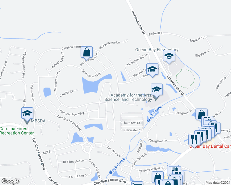 map of restaurants, bars, coffee shops, grocery stores, and more near 333 Carolina Farms Boulevard in Myrtle Beach