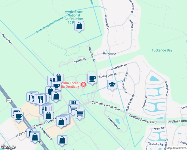 map of restaurants, bars, coffee shops, grocery stores, and more near 201 Wando River Road in Myrtle Beach