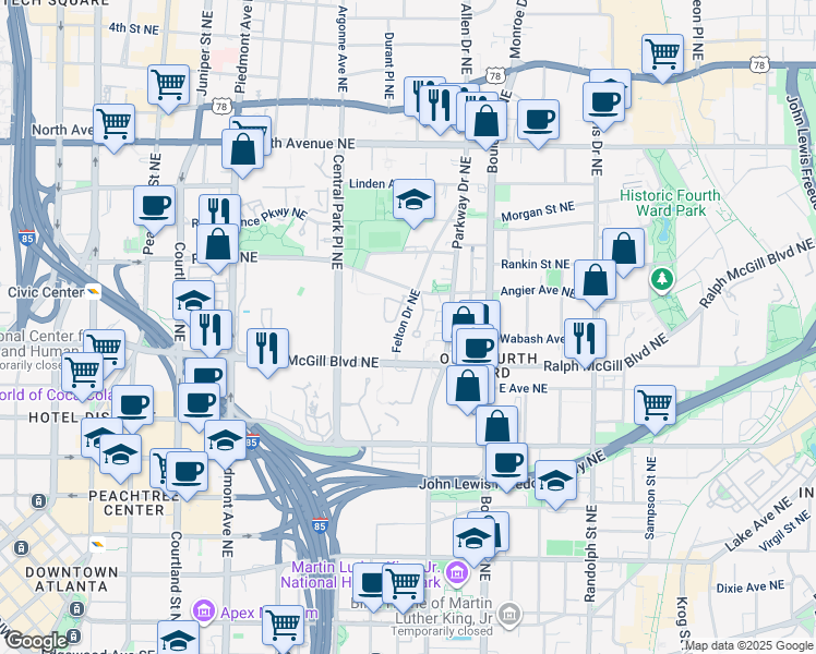map of restaurants, bars, coffee shops, grocery stores, and more near 383 Angier Court Northeast in Atlanta