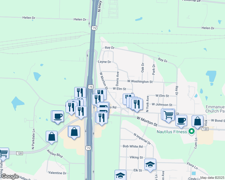 map of restaurants, bars, coffee shops, grocery stores, and more near 2908 West Elm Street in Denison