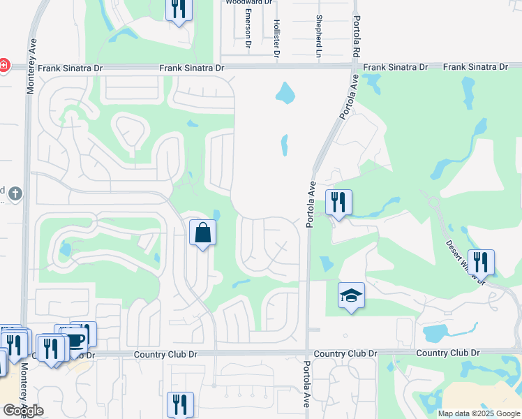 map of restaurants, bars, coffee shops, grocery stores, and more near 39042 Desert Greens Drive East in Palm Desert