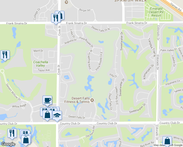 map of restaurants, bars, coffee shops, grocery stores, and more near 219 Vista Royale Circle West in Palm Desert