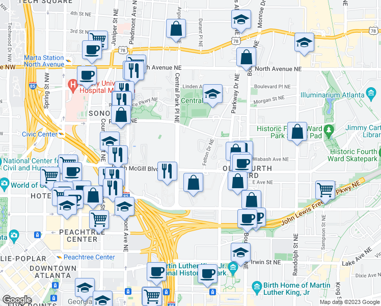map of restaurants, bars, coffee shops, grocery stores, and more near 386 McGill Place Northeast in Atlanta