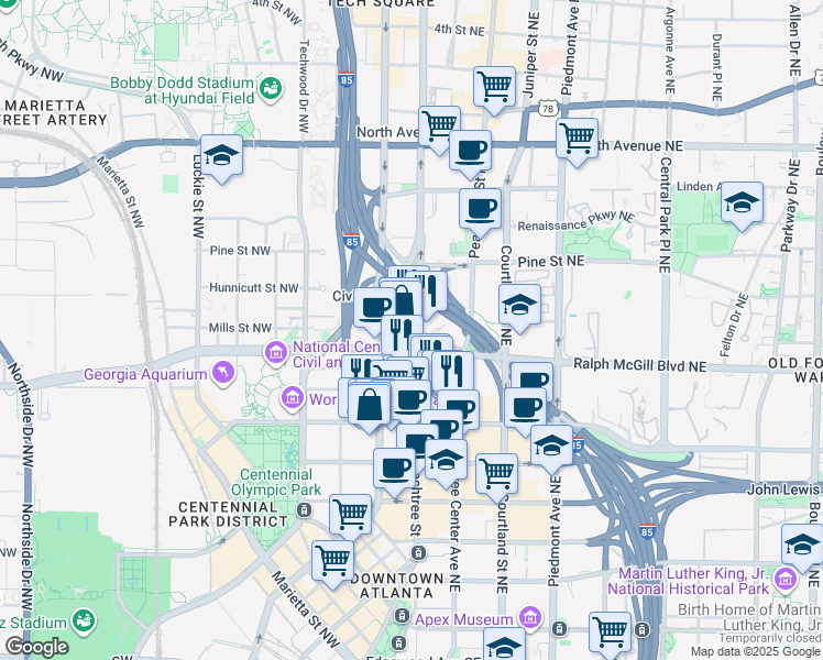 map of restaurants, bars, coffee shops, grocery stores, and more near 45 Ivan Allen Junior Boulevard Northwest in Atlanta