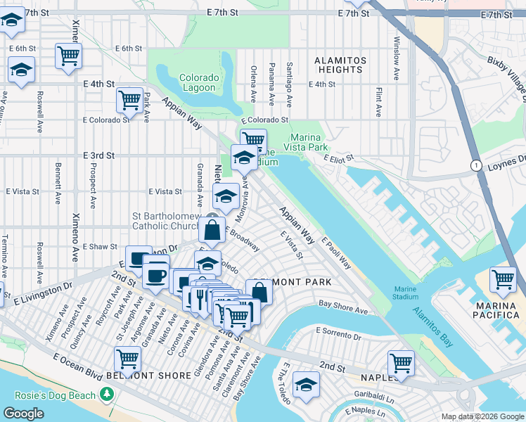 map of restaurants, bars, coffee shops, grocery stores, and more near 314 Arcadia Avenue in Long Beach