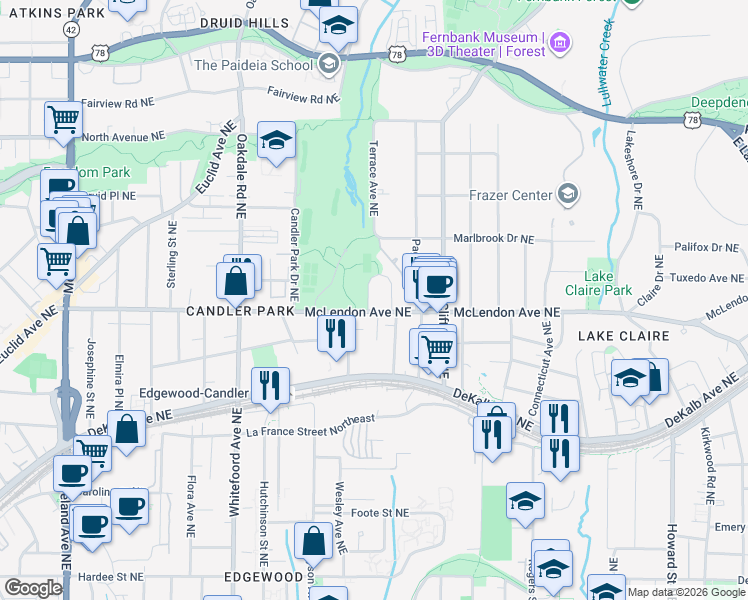 map of restaurants, bars, coffee shops, grocery stores, and more near 403 Callan Circle Northeast in Atlanta