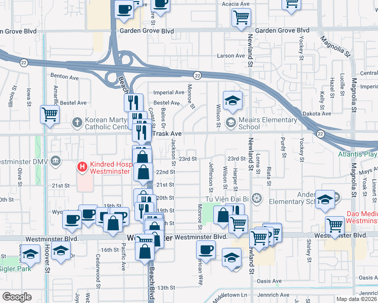 map of restaurants, bars, coffee shops, grocery stores, and more near 8197 Jasmine Drive in Westminster