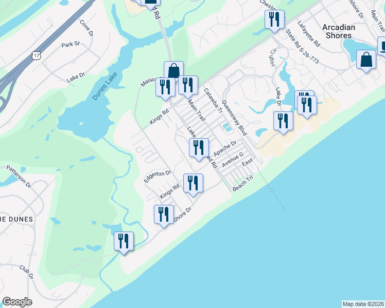 map of restaurants, bars, coffee shops, grocery stores, and more near 346 Arcadian Dunes in Myrtle Beach
