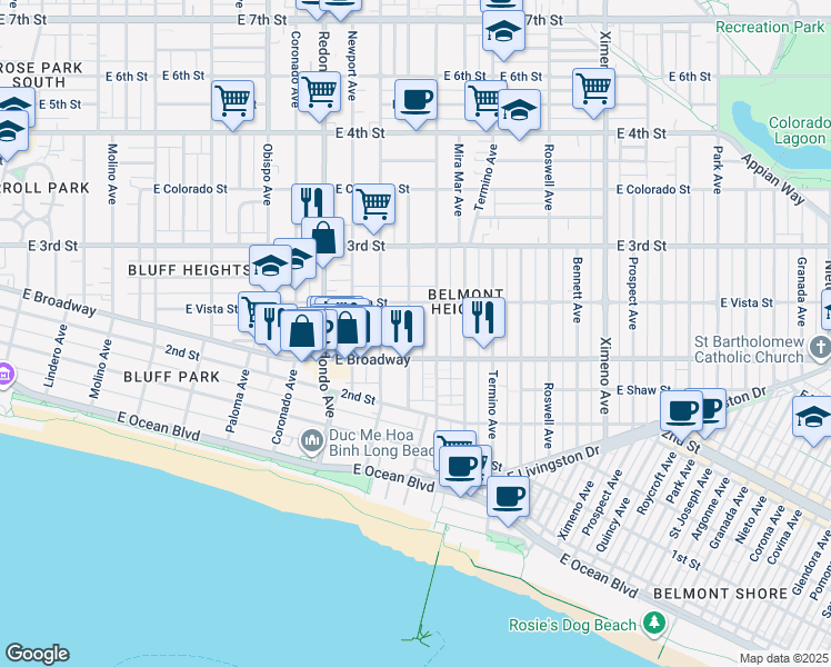map of restaurants, bars, coffee shops, grocery stores, and more near 234 Euclid Avenue in Long Beach