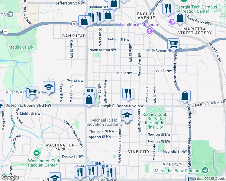 map of restaurants, bars, coffee shops, grocery stores, and more near 387 Andrew J Hairston PL NW in Atlanta