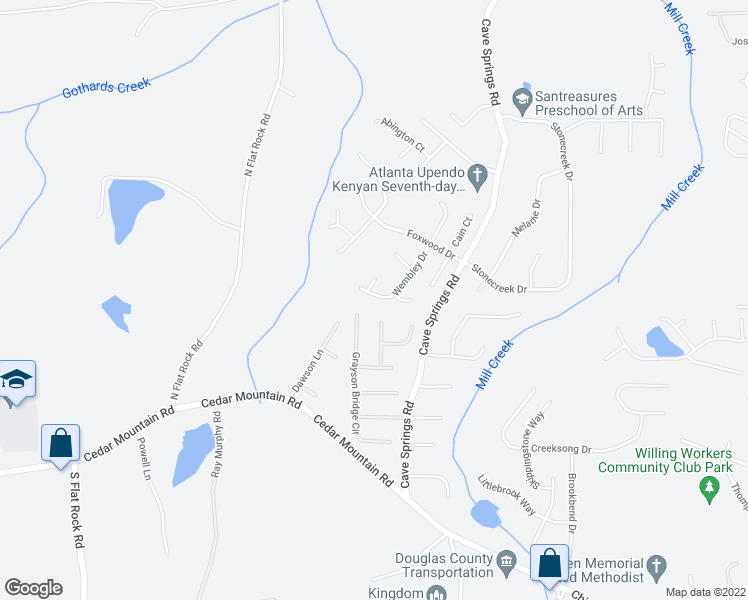 map of restaurants, bars, coffee shops, grocery stores, and more near 1584 Wembley Drive in Douglasville