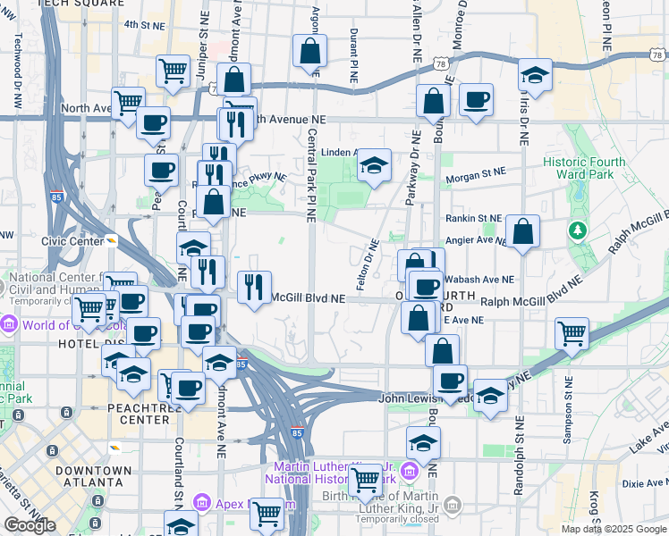 map of restaurants, bars, coffee shops, grocery stores, and more near 386 McGill Place Northeast in Atlanta