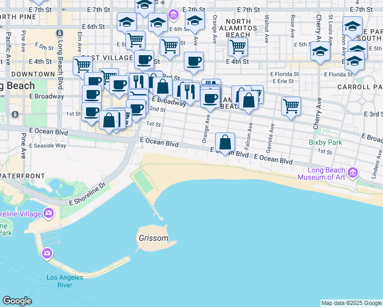 map of restaurants, bars, coffee shops, grocery stores, and more near 1140 East Ocean Boulevard in Long Beach