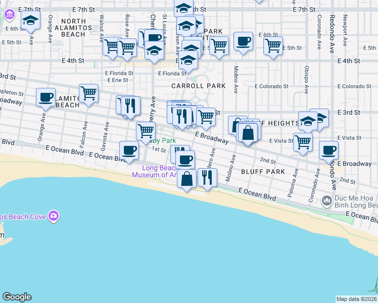map of restaurants, bars, coffee shops, grocery stores, and more near 2231 East First Street in Long Beach