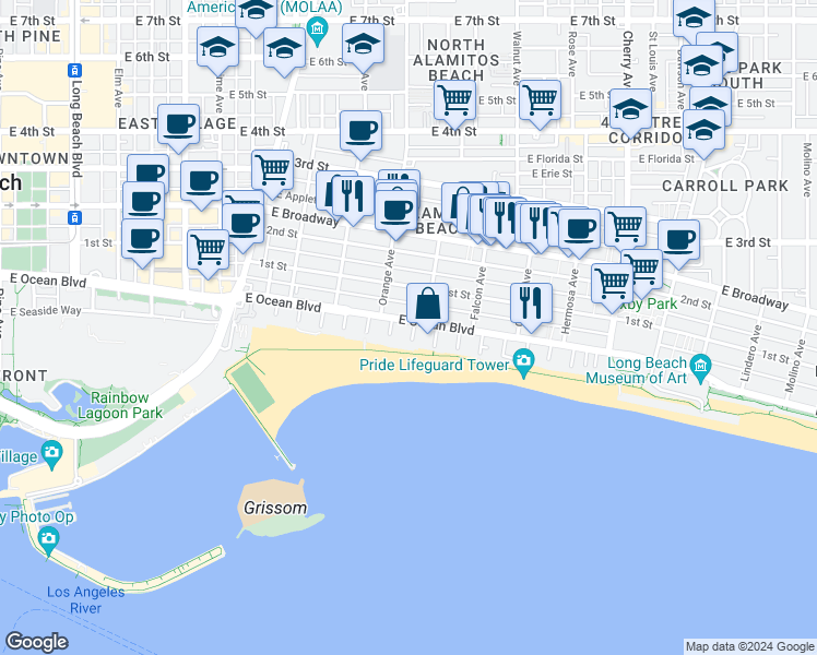 map of restaurants, bars, coffee shops, grocery stores, and more near 32 7th Place in Long Beach