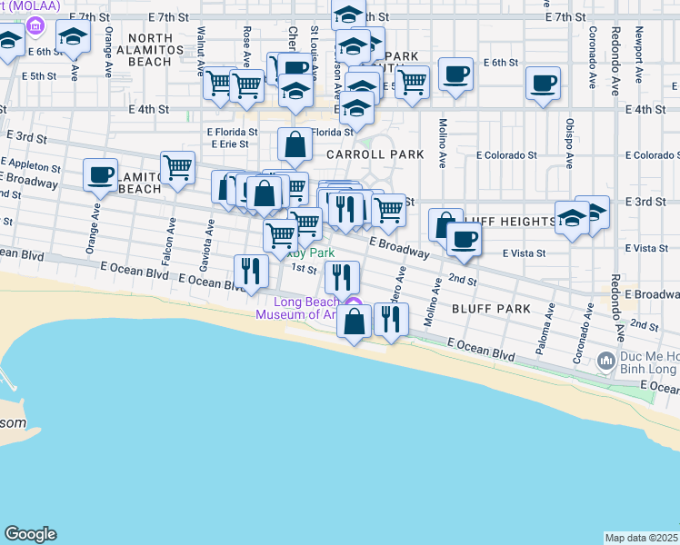 map of restaurants, bars, coffee shops, grocery stores, and more near 2131 East 1st Street in Long Beach