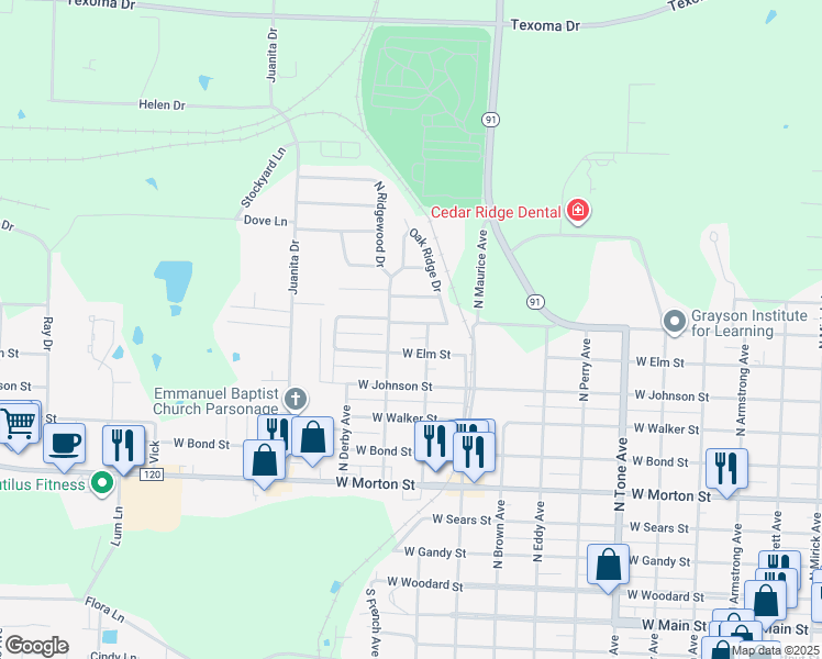 map of restaurants, bars, coffee shops, grocery stores, and more near 1624 West Washington Street in Denison