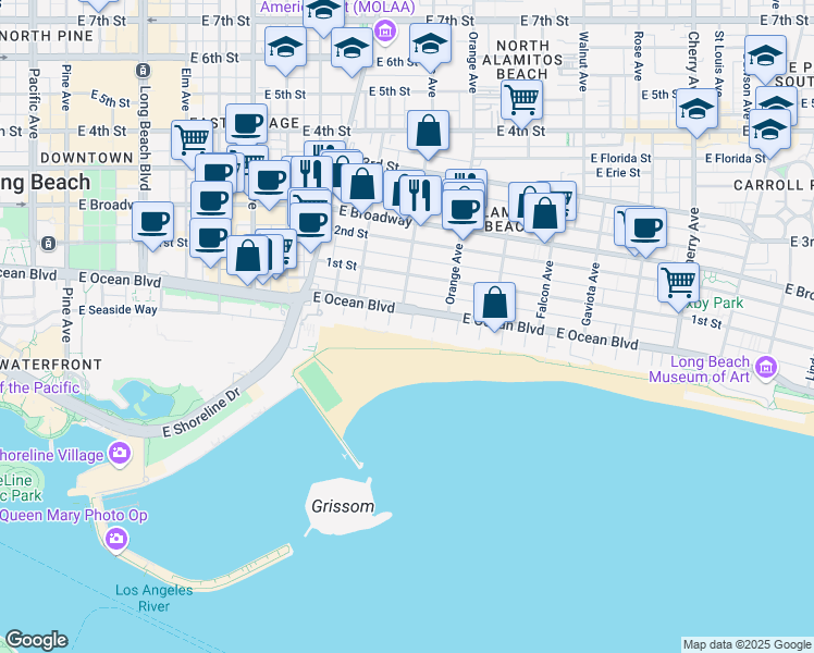 map of restaurants, bars, coffee shops, grocery stores, and more near 23 South 4th Place in Long Beach