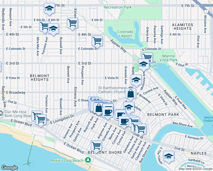 map of restaurants, bars, coffee shops, grocery stores, and more near 258 Park Avenue in Long Beach