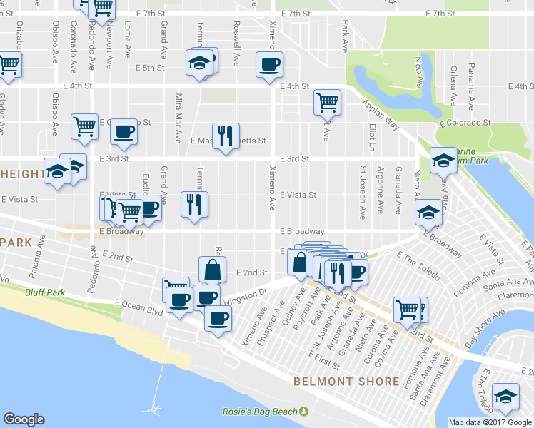map of restaurants, bars, coffee shops, grocery stores, and more near 236 Ximeno Avenue in Long Beach