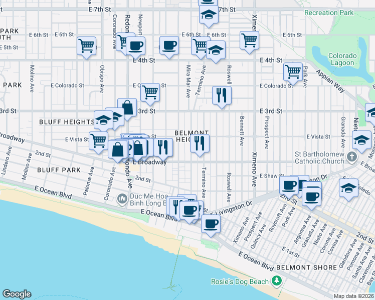 map of restaurants, bars, coffee shops, grocery stores, and more near 235 Mira Mar Avenue in Long Beach