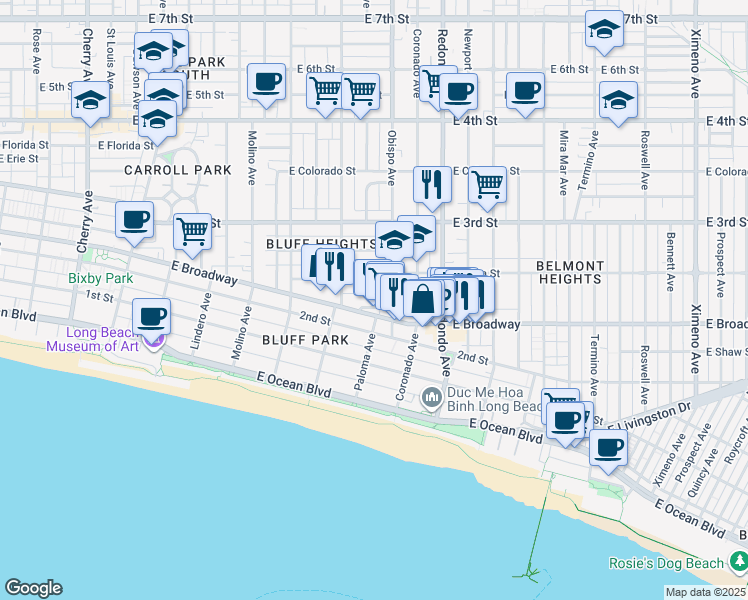 map of restaurants, bars, coffee shops, grocery stores, and more near 3145 East Broadway in Long Beach