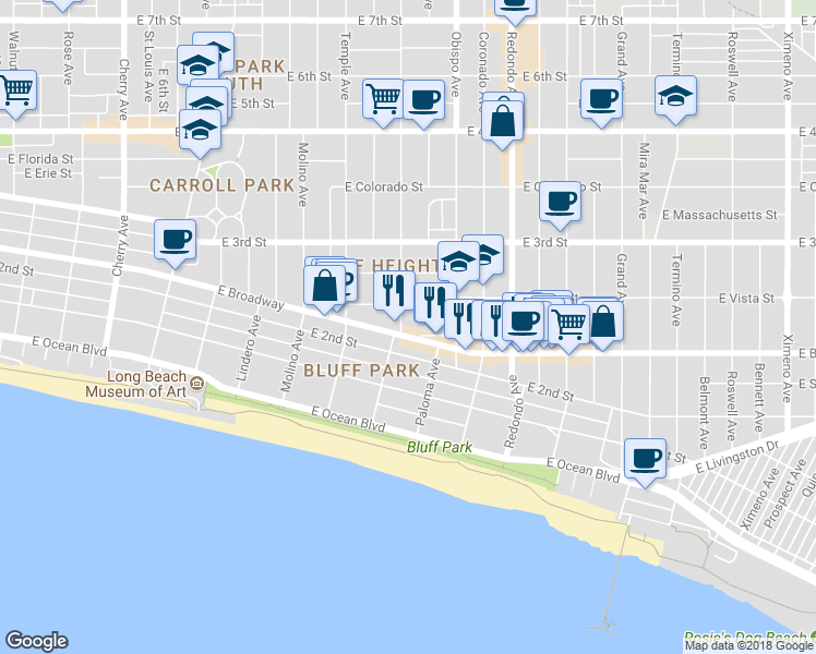 map of restaurants, bars, coffee shops, grocery stores, and more near 3015 East Broadway in Long Beach