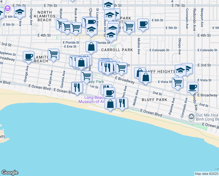 map of restaurants, bars, coffee shops, grocery stores, and more near 2128 East 1st Street in Long Beach