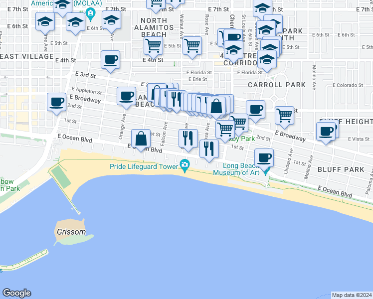 map of restaurants, bars, coffee shops, grocery stores, and more near 1719 East Ocean Boulevard in Long Beach