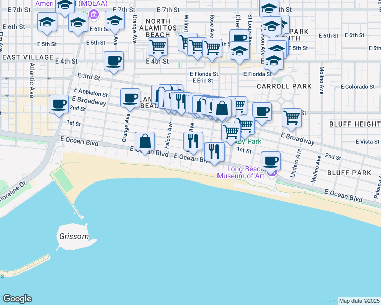 map of restaurants, bars, coffee shops, grocery stores, and more near 1719 East Ocean Boulevard in Long Beach