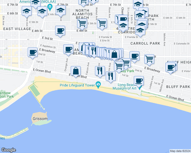 map of restaurants, bars, coffee shops, grocery stores, and more near 1719 East Ocean Boulevard in Long Beach