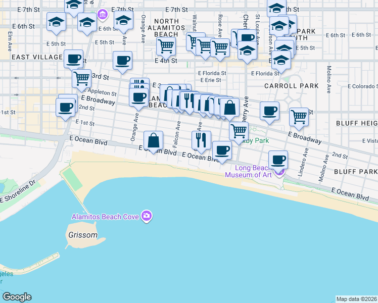 map of restaurants, bars, coffee shops, grocery stores, and more near 1610 East Ocean Boulevard in Long Beach