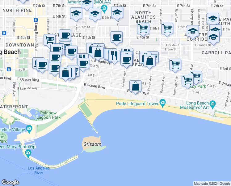 map of restaurants, bars, coffee shops, grocery stores, and more near 23 South 4th Place in Long Beach