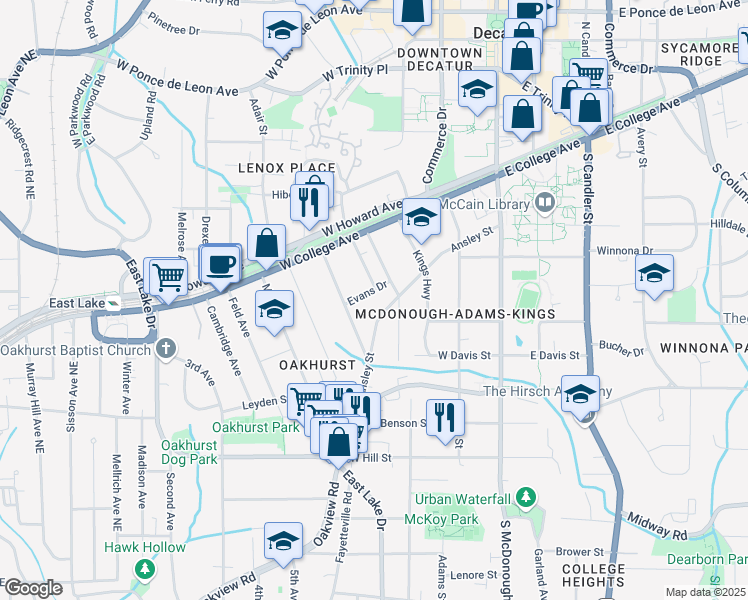 map of restaurants, bars, coffee shops, grocery stores, and more near 423 Ansley Street in Decatur