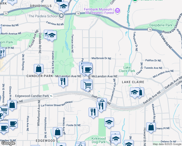 map of restaurants, bars, coffee shops, grocery stores, and more near 1662 McLendon Avenue Northeast in Atlanta