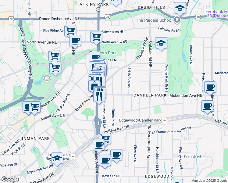 map of restaurants, bars, coffee shops, grocery stores, and more near 1260 McLendon Avenue Northeast in Atlanta