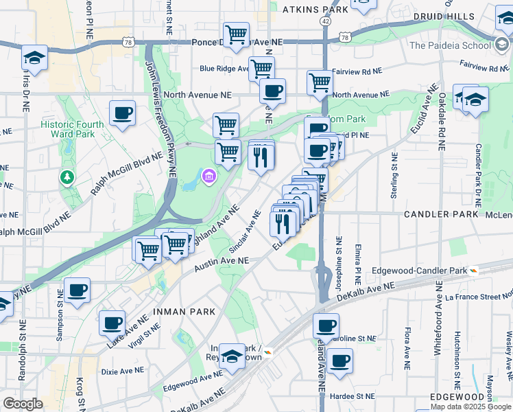 map of restaurants, bars, coffee shops, grocery stores, and more near 1020 Washita Avenue Northeast in Atlanta