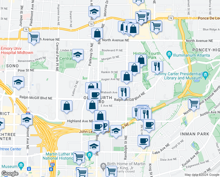 map of restaurants, bars, coffee shops, grocery stores, and more near 510 Wabash Avenue Northeast in Atlanta