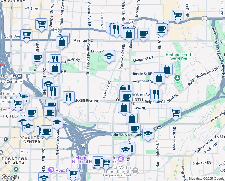 map of restaurants, bars, coffee shops, grocery stores, and more near 383 Angier Court Northeast in Atlanta