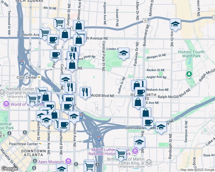 map of restaurants, bars, coffee shops, grocery stores, and more near 7209 Renaissance Way Northeast in Atlanta