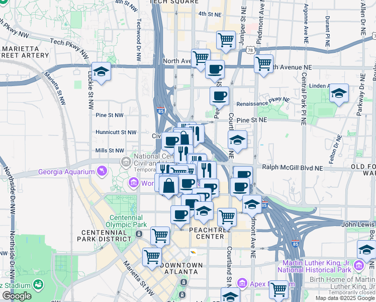 map of restaurants, bars, coffee shops, grocery stores, and more near 45 Ivan Allen Junior Boulevard Northwest in Atlanta