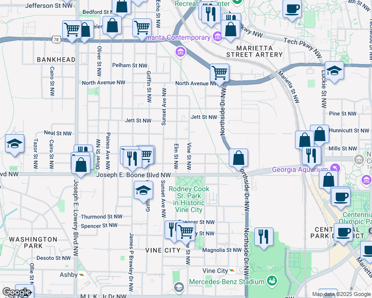 map of restaurants, bars, coffee shops, grocery stores, and more near 392 Vine Street Northwest in Atlanta